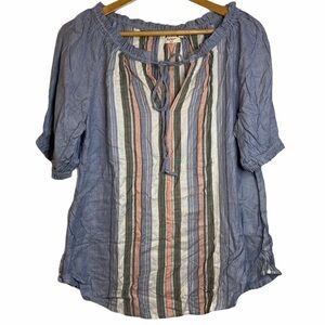 Dylan Boho Flowy Cotton Jean Striped Short Sleeve V Neck Ties Top Small S